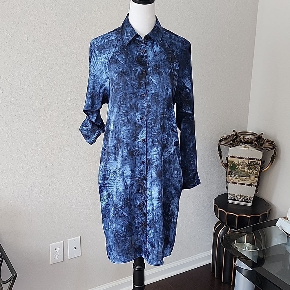 MICHAEL Michael Kors Blue & BlackTie Dye Long Sleeve Button Up Shirt Dress